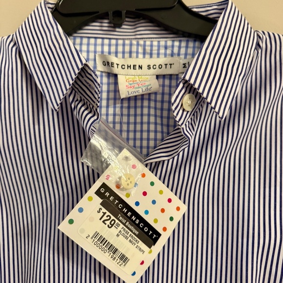 NWT Gretchen Scott Priss Brooks Navy & White Striped Ruffle Cuff Blouse – Medium - Picture 2 of 5
